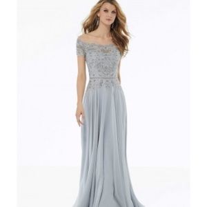 Mori Lee Silver Off the Shoulder dress